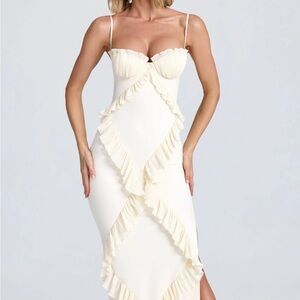 Oh Polly Plisse Ruffle Trim Ivory Maxi Dress